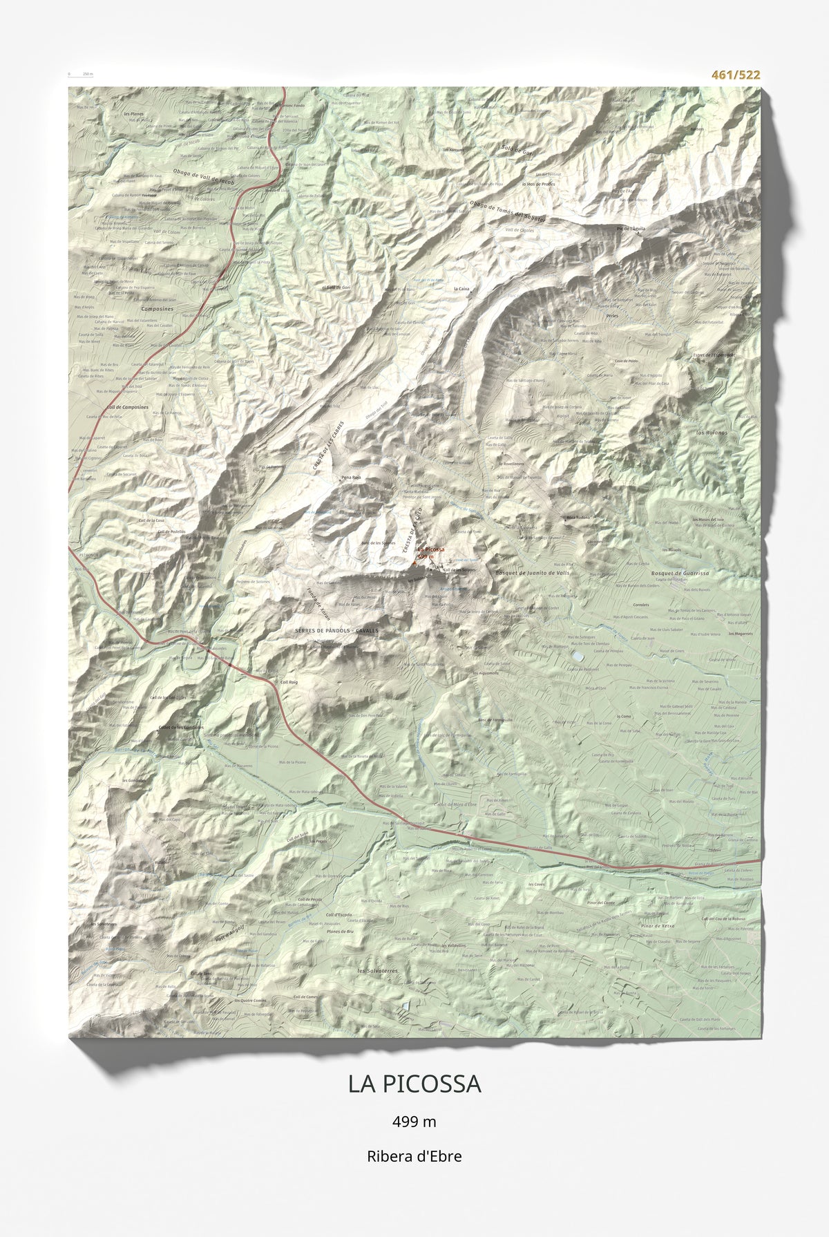 Mapa de relieve de La Picossa, 499 m, Ribera d'Ebre, lámina 100 Cims de Trobart 61 × 91 cm.