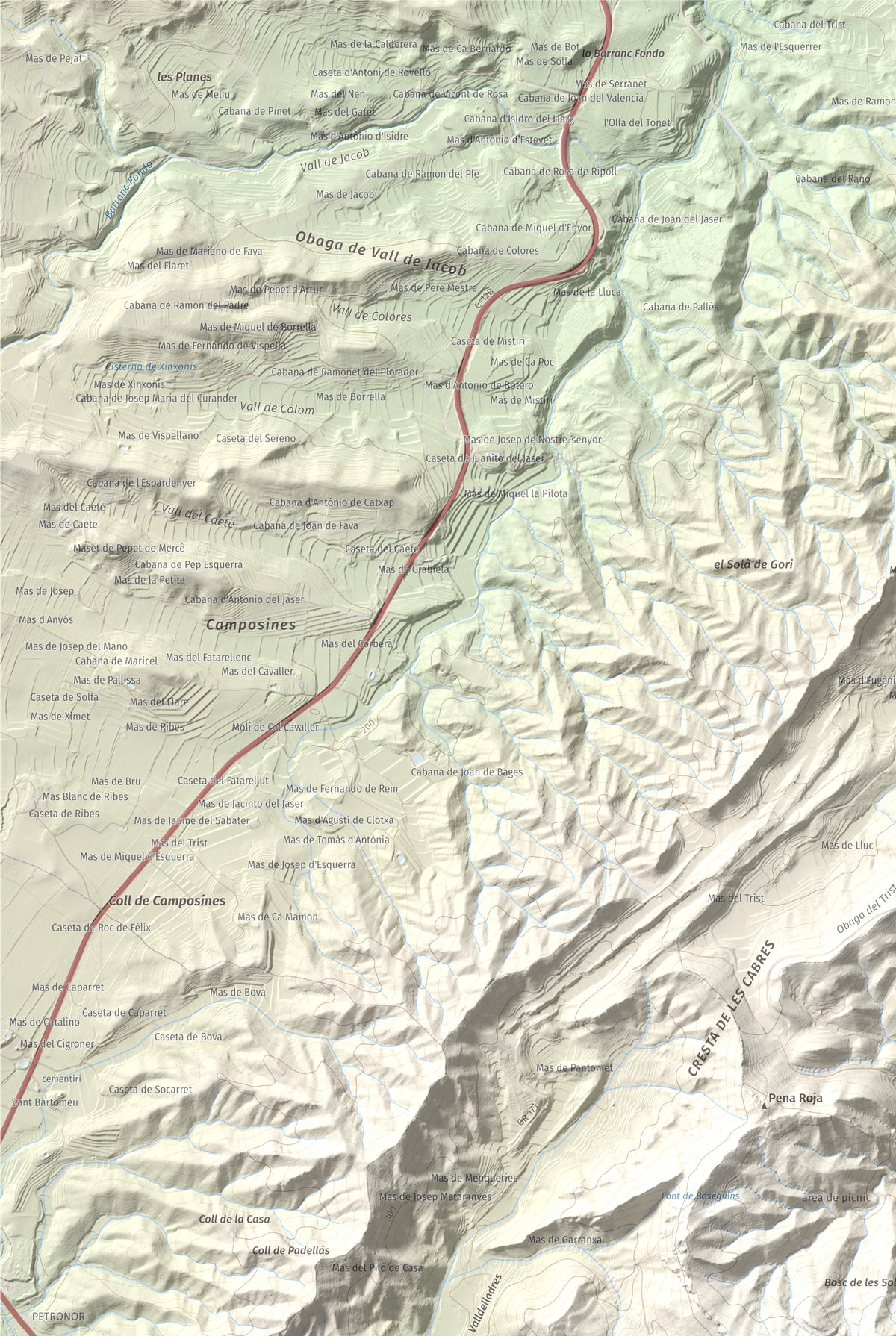 Mapa de relieve de La Picossa, 499 m, Ribera d'Ebre, lámina 100 Cims de Trobart. Detalle de la zona superior izquierda. 61 × 91 cm.