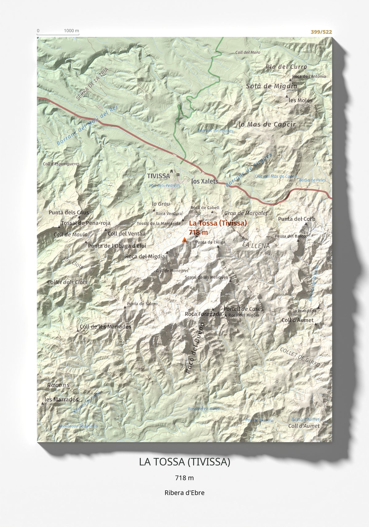 Mapa topográfico del relieve: La Tossa (Tivissa), 718 m. Lámina completa. 21 × 30 cm.
