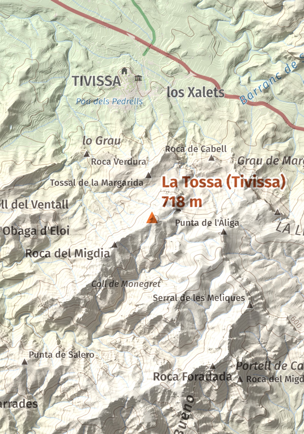 Mapa topográfico del relieve: La Tossa (Tivissa), 718 m. Detalle de la zona central. 21 × 30 cm.