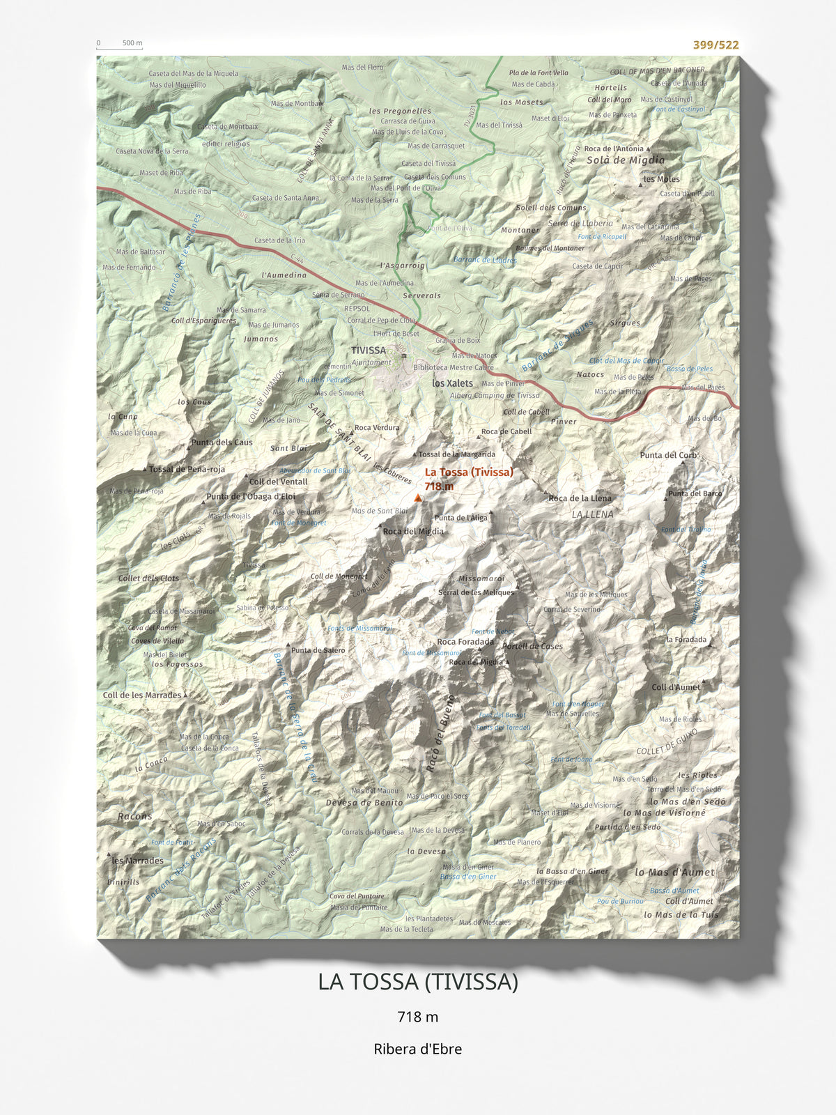 Mapa topográfico del relieve: La Tossa (Tivissa), 718 m. Lámina completa. 30 × 40 cm.