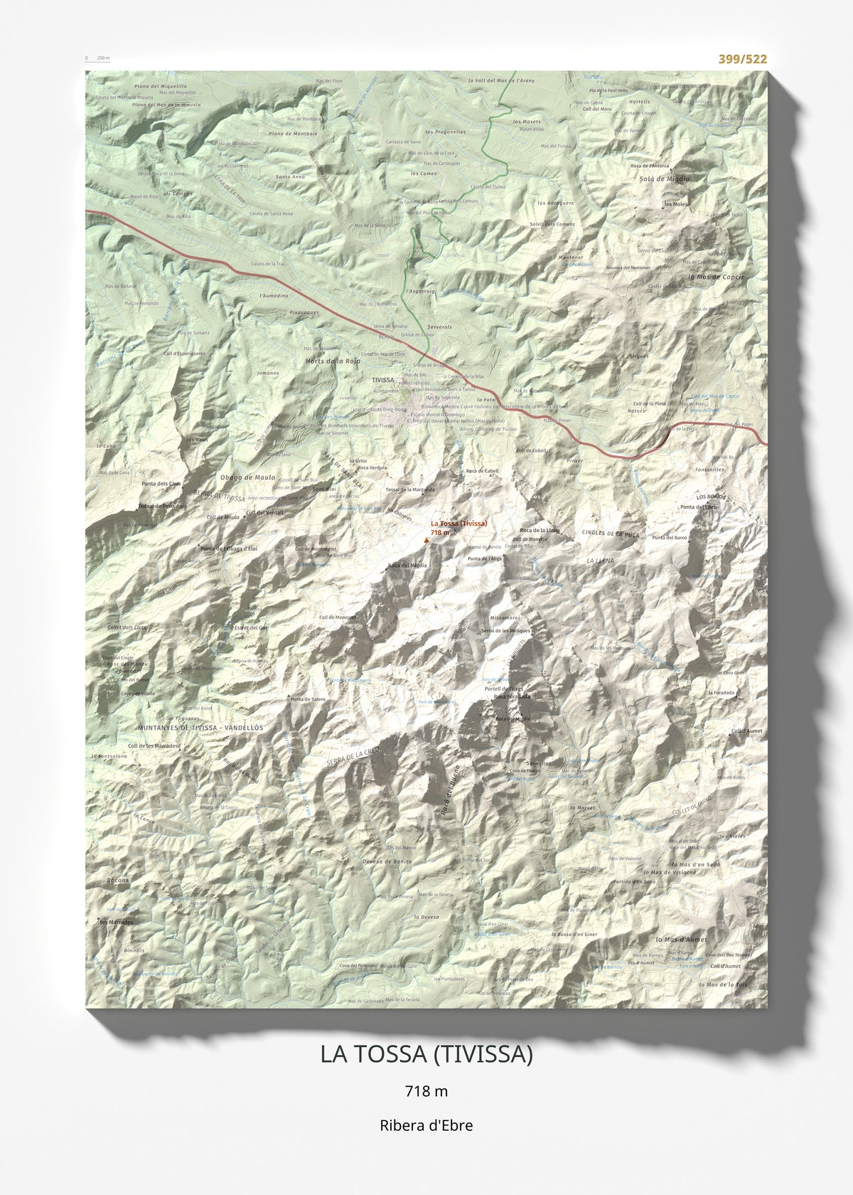 Mapa topográfico del relieve: La Tossa (Tivissa), 718 m. Lámina completa. 50 × 70 cm.