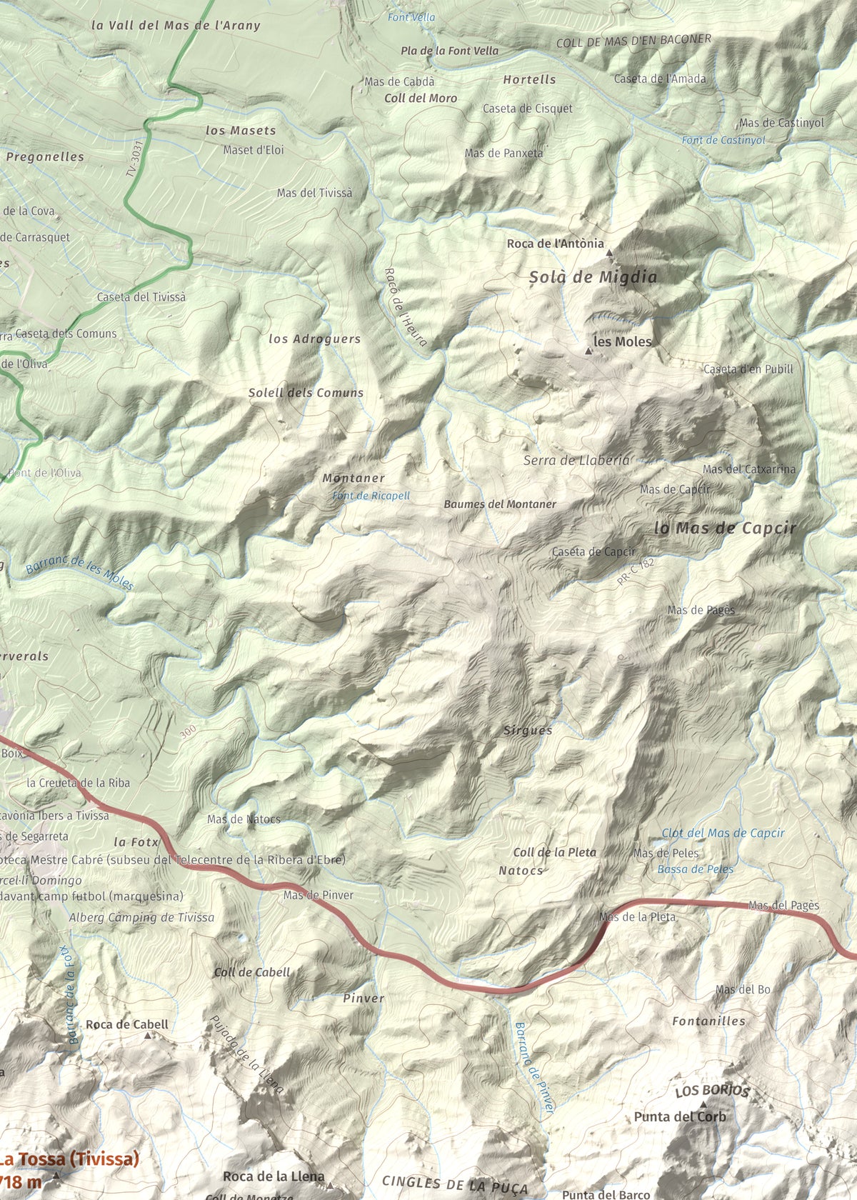 Mapa topográfico del relieve: La Tossa (Tivissa), 718 m. Detalle de la zona superior derecha. 50 × 70 cm.
