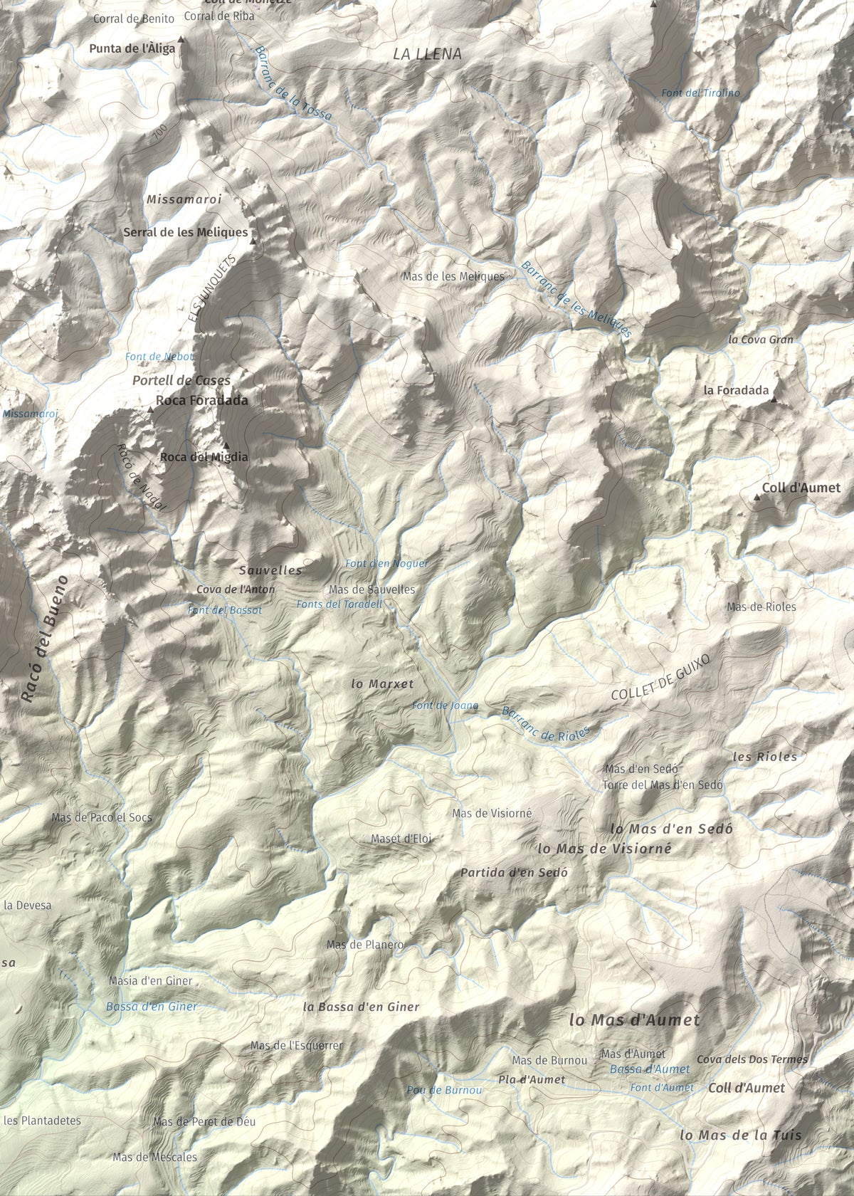 Mapa topográfico del relieve: La Tossa (Tivissa), 718 m. Detalle de la zona inferior derecha. 50 × 70 cm.