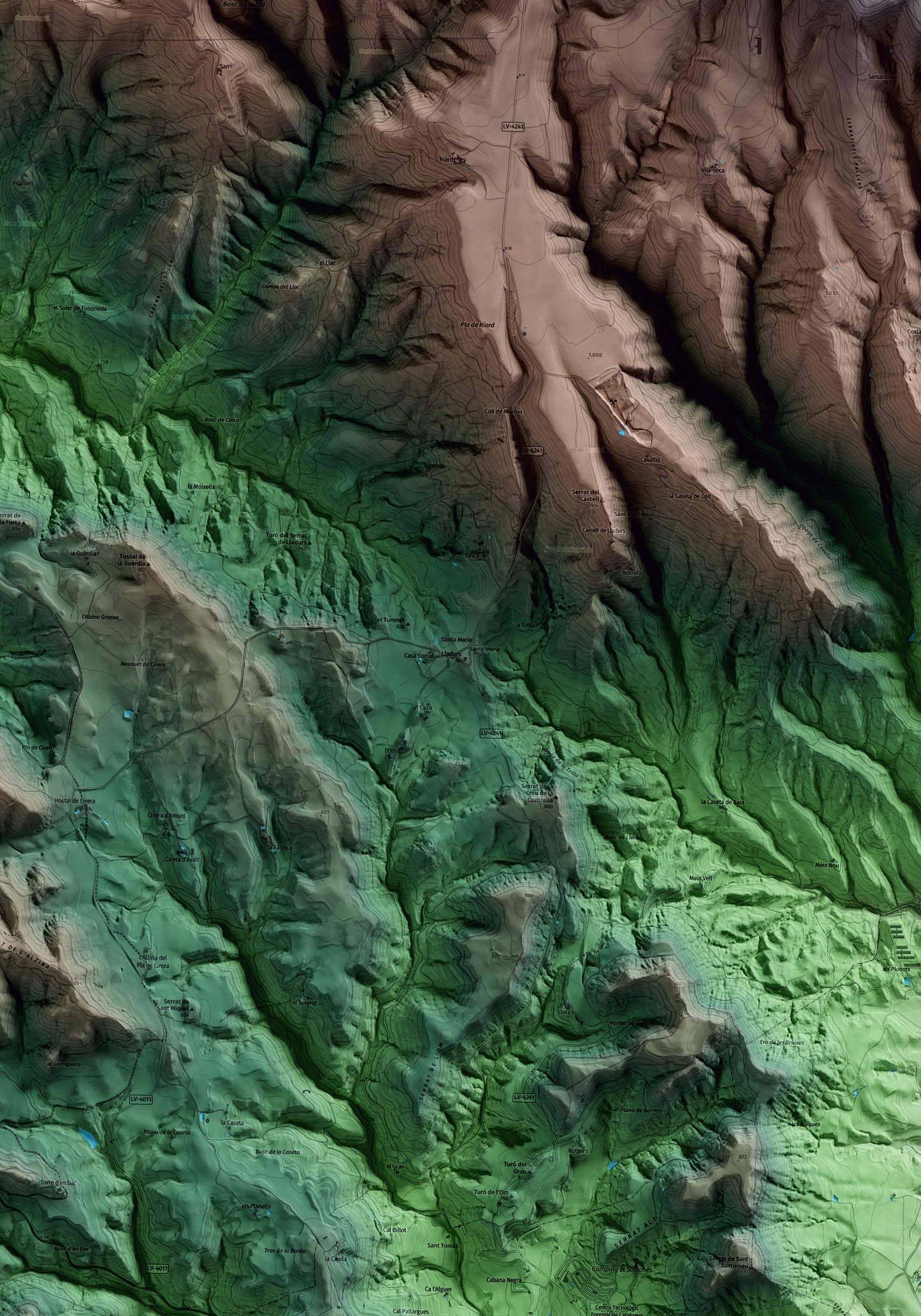 Mapa artístico del relieve de Lladurs, al Solsonès, con 15 km de entorno y base topográfica ICGC. Detalle de la zona central.