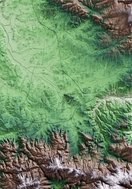 Mapa artístico del relieve de Llagostera, al Gironès, con 15 km de entorno y base topográfica ICGC