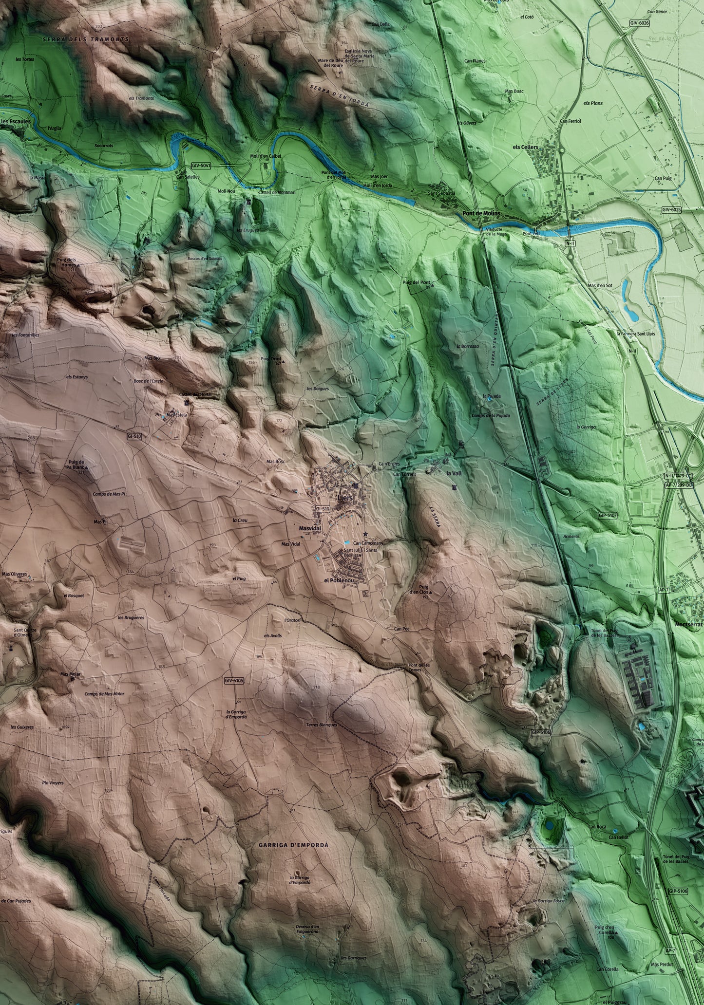 Mapa artístico del relieve de Llers, al Alt Empordà, con 15 km de entorno y base topográfica ICGC. Detalle de la zona central.