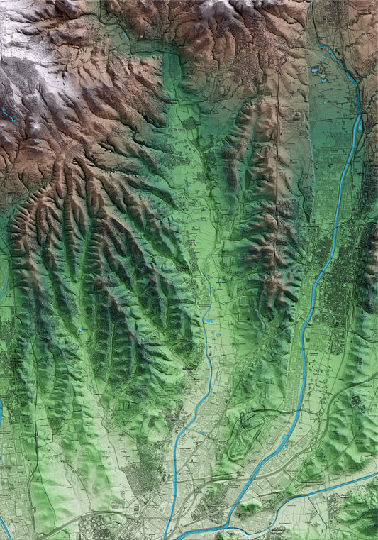 Mapa artístico del relieve de Lliçà d'Amunt, al Vallès Oriental, con 15 km de entorno y base topográfica ICGC