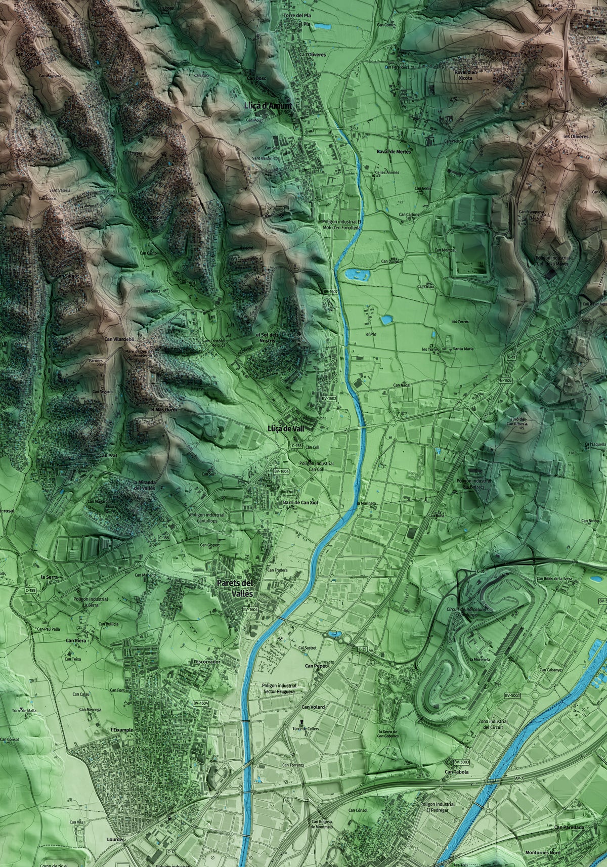 Mapa artístico del relieve de Lliçà de Vall, al Vallès Oriental, con 15 km de entorno y base topográfica ICGC. Detalle de la zona central.