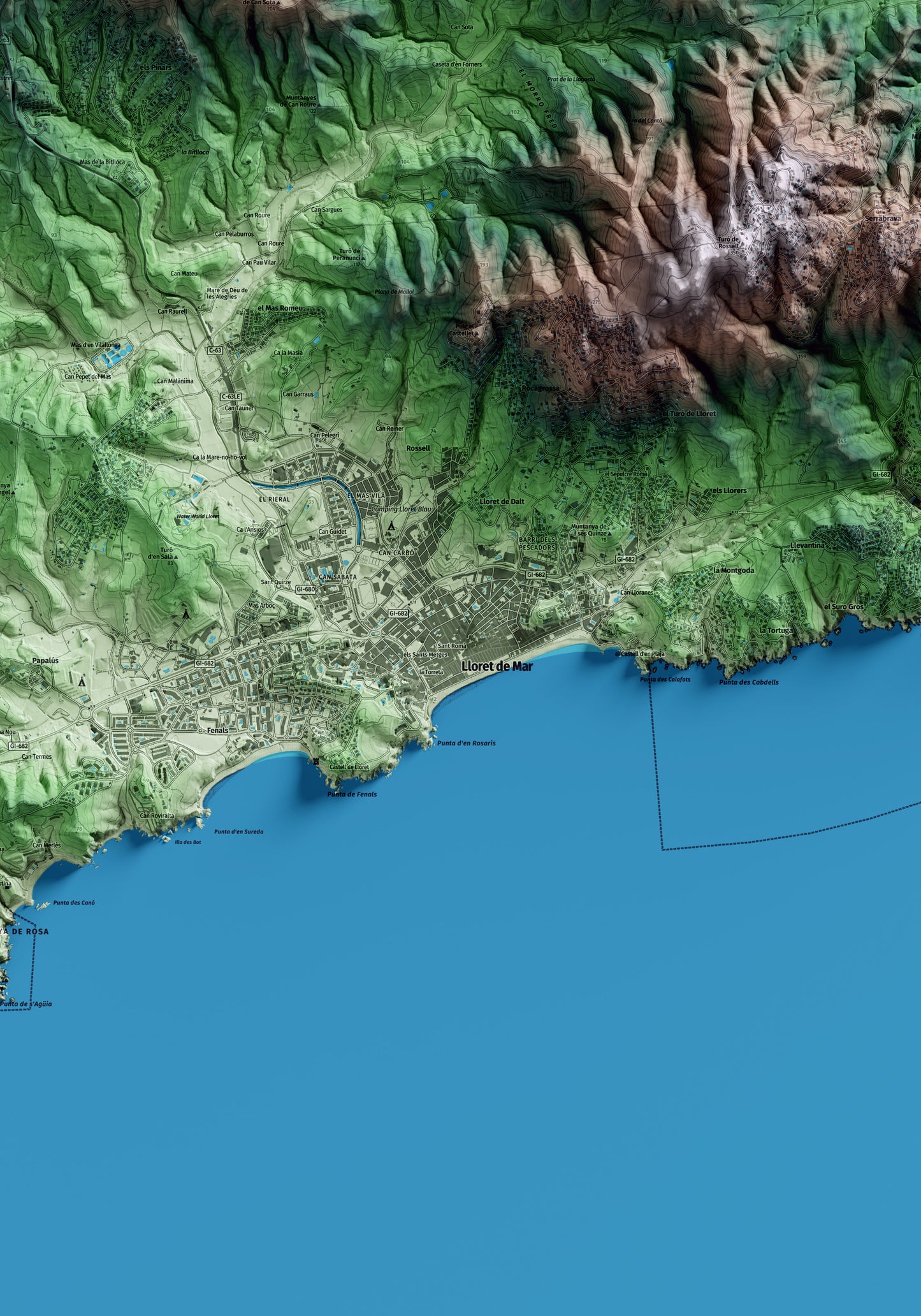 Mapa artístico del relieve de Lloret de Mar, a la Selva, con 15 km de entorno y base topográfica ICGC. Detalle de la zona central.