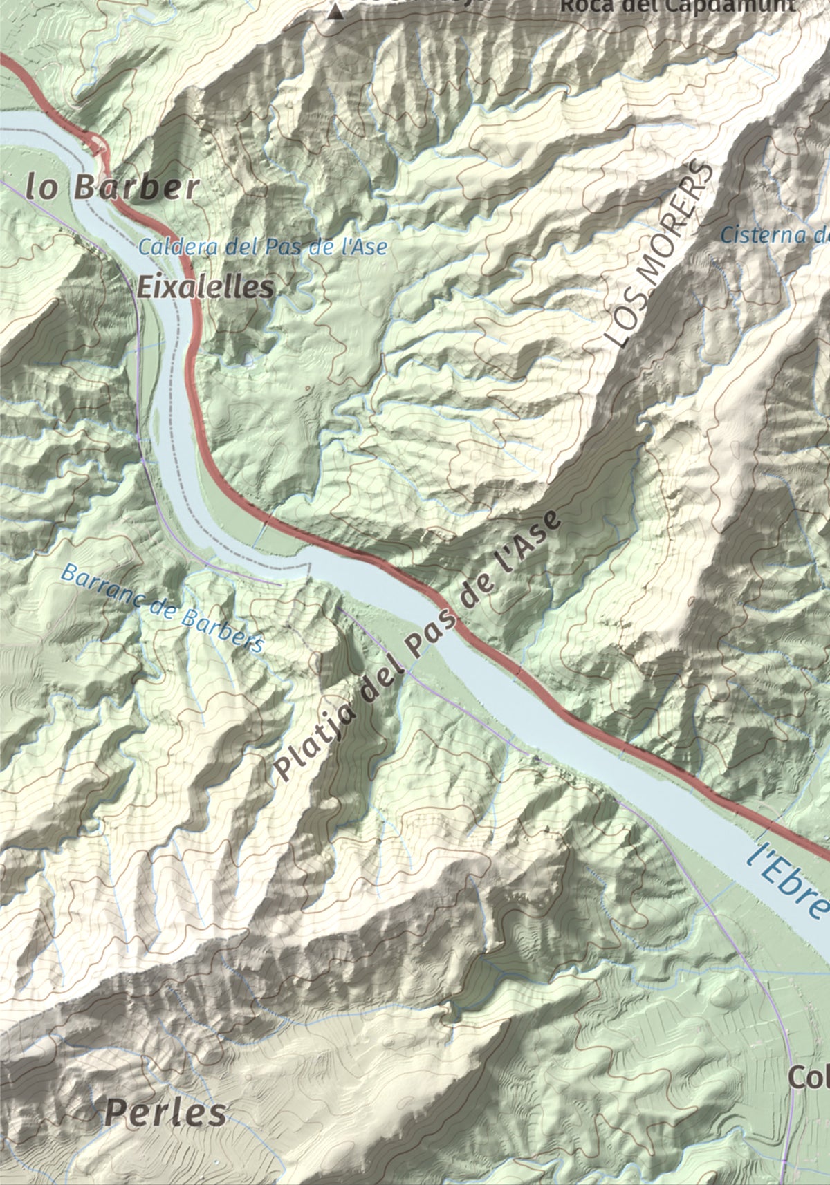 Mapa de relieve de Lo Tormo (Lo piló), 523 m, Ribera d'Ebre, lámina 100 Cims de Trobart. Detalle de la zona inferior izquierda. 21 × 30 cm.
