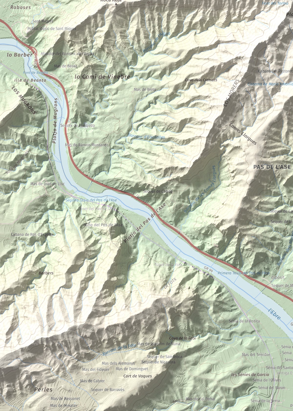 Mapa de relieve de Lo Tormo (Lo piló), 523 m, Ribera d'Ebre, lámina 100 Cims de Trobart. Detalle de la zona inferior izquierda. 50 × 70 cm.