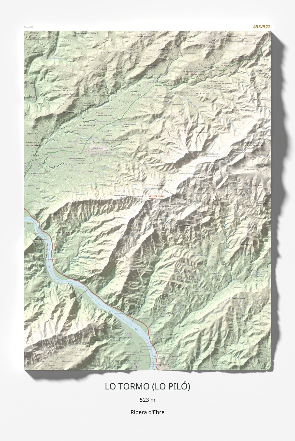 Mapa de relieve de Lo Tormo (Lo piló), 523 m, Ribera d'Ebre, lámina 100 Cims de Trobart 61 × 91 cm.