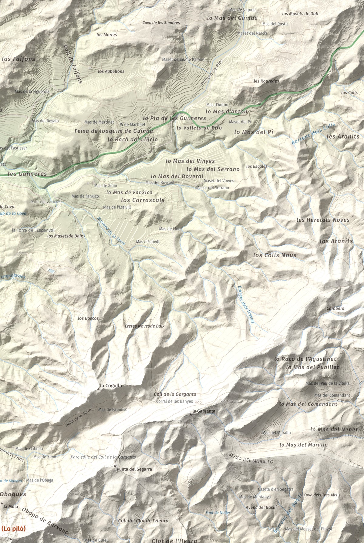 Mapa de relieve de Lo Tormo (Lo piló), 523 m, Ribera d'Ebre, lámina 100 Cims de Trobart. Detalle de la zona superior derecha. 61 × 91 cm.
