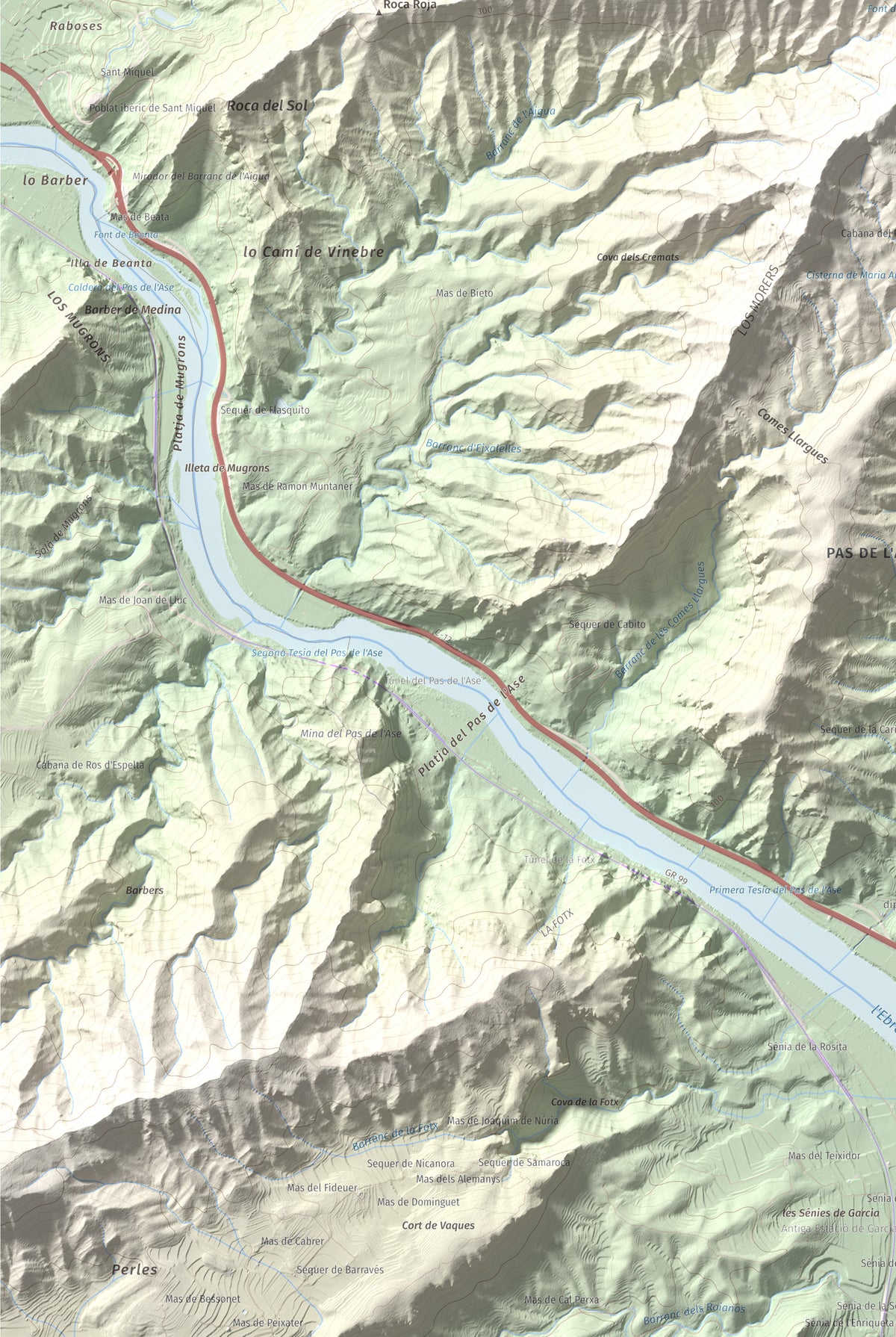 Mapa de relieve de Lo Tormo (Lo piló), 523 m, Ribera d'Ebre, lámina 100 Cims de Trobart. Detalle de la zona inferior izquierda. 61 × 91 cm.