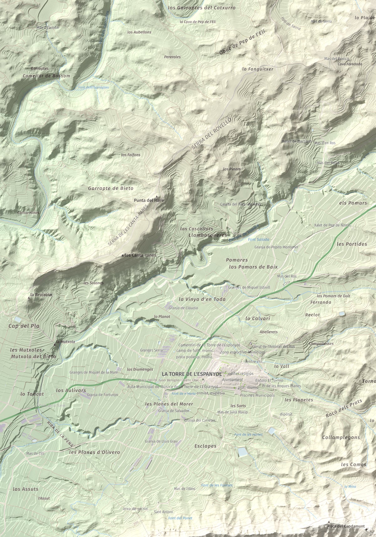 Mapa de relieve de Lo Tormo (Lo piló), 523 m, Ribera d'Ebre, lámina 100 Cims de Trobart. Detalle de la zona superior izquierda. 70 × 100 cm.