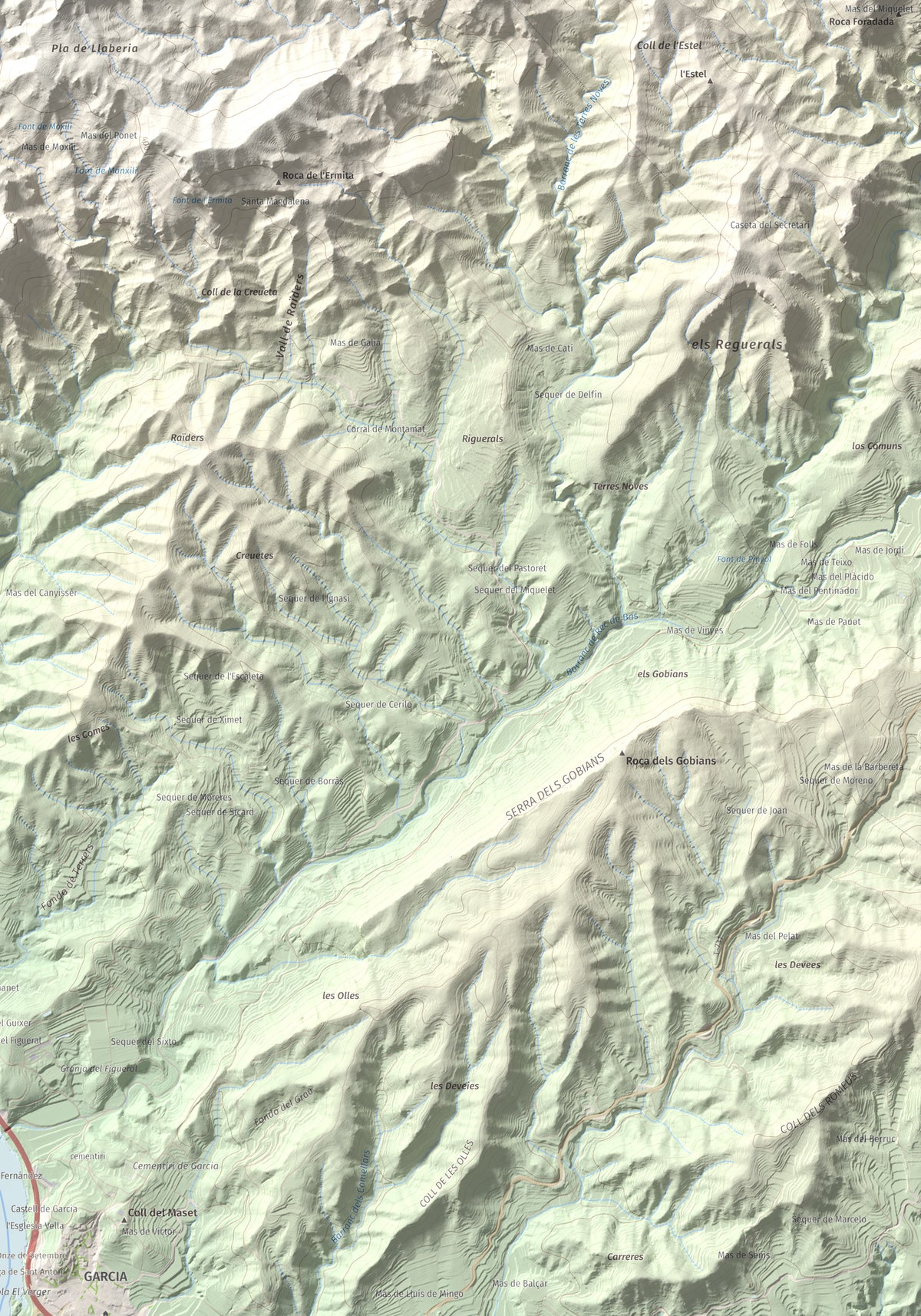 Mapa de relieve de Lo Tormo (Lo piló), 523 m, Ribera d'Ebre, lámina 100 Cims de Trobart. Detalle de la zona inferior derecha. 70 × 100 cm.