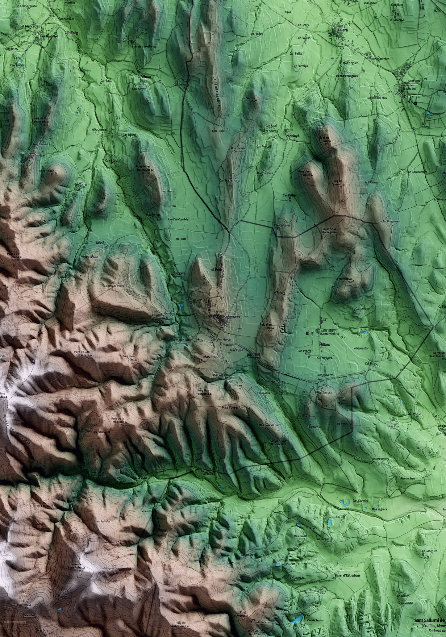 Mapa artístico del relieve de Madremanya, al Gironès, con 15 km de entorno y base topográfica ICGC. Detalle de la zona central.