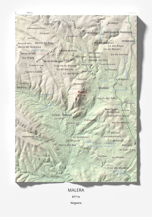 Mapa de relieve de Malera, 877 m, Noguera, lámina 100 Cims de Trobart 21 × 30 cm.
