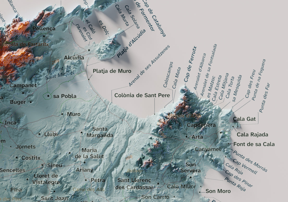 Edición octubre 2026 · Mapa topográfico de Mallorca, Contrastado, 21 × 30 cm: detalle de la costa noreste.