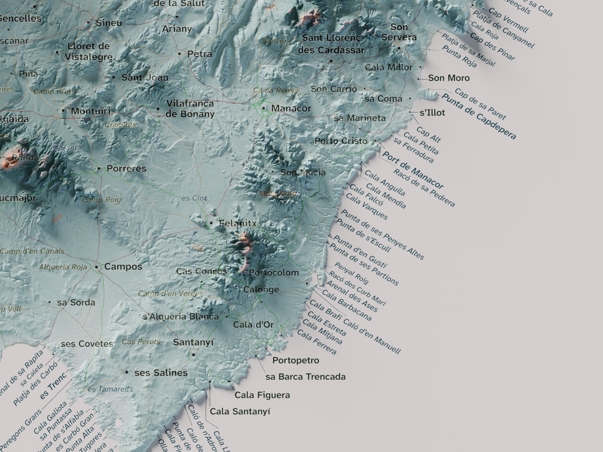 Edición octubre 2026 · Mapa topográfico de Mallorca, Contrastado, 30 × 40 cm: detalle de la costa sureste.