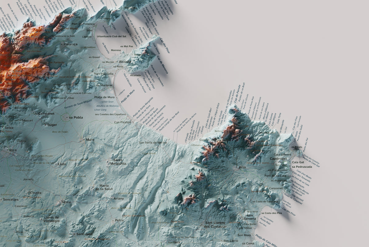 Edición octubre 2026 · Mapa topográfico de Mallorca, Contrastado, 61 × 91 cm: detalle de la costa noreste.