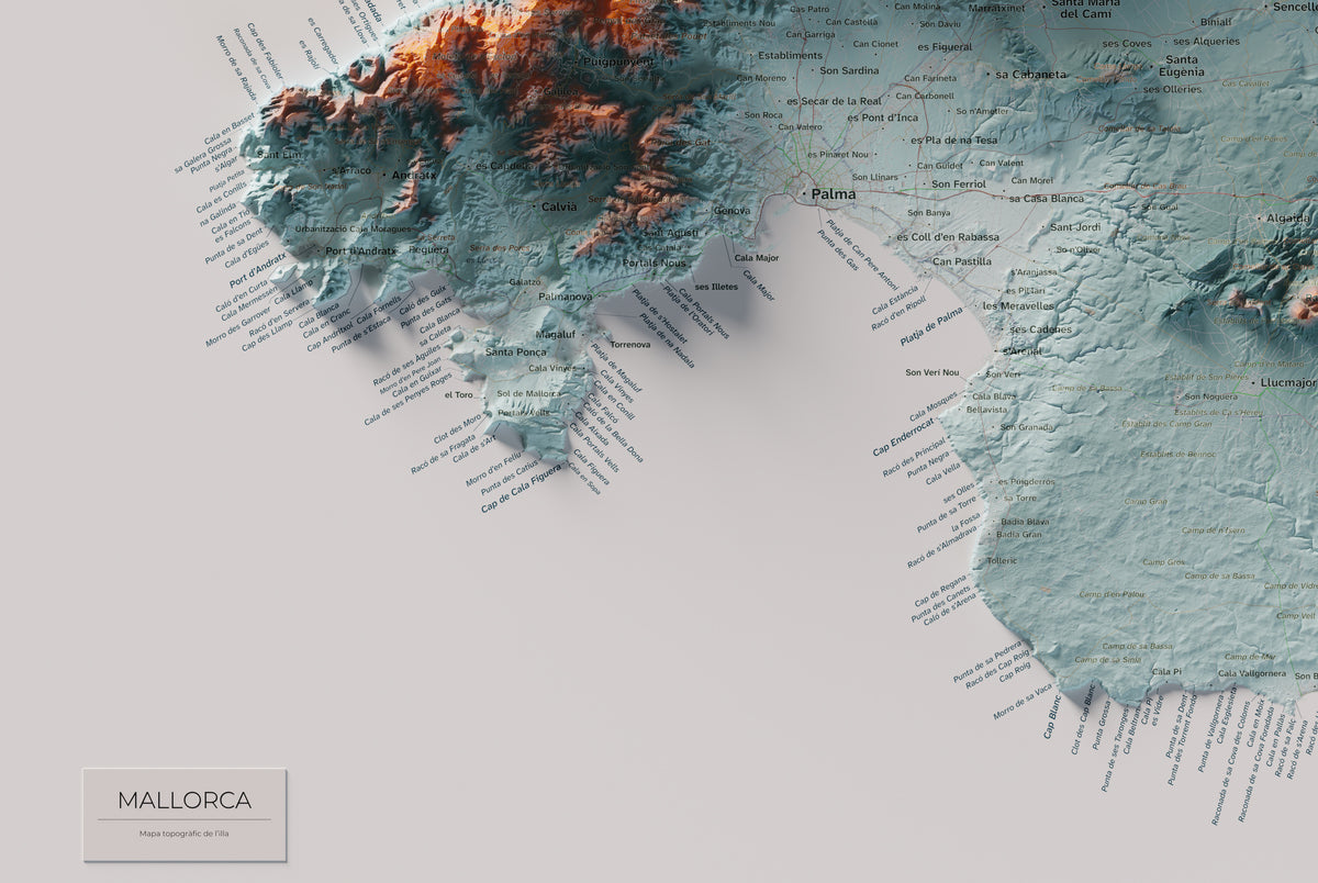 Edición octubre 2026 · Mapa topográfico de Mallorca, Contrastado, 61 × 91 cm: detalle de la costa suroeste.