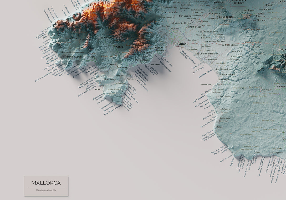 Edición octubre 2026 · Mapa topográfico de Mallorca, Contrastado, 70 × 100 cm: detalle de la costa suroeste.