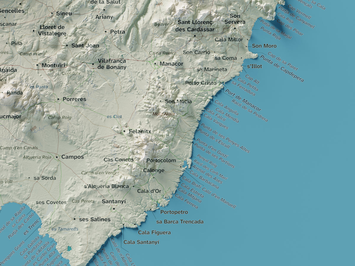 Edición octubre 2026 · Mapa topográfico de Mallorca, Cartográfico, 30 × 40 cm: detalle de la costa sureste.