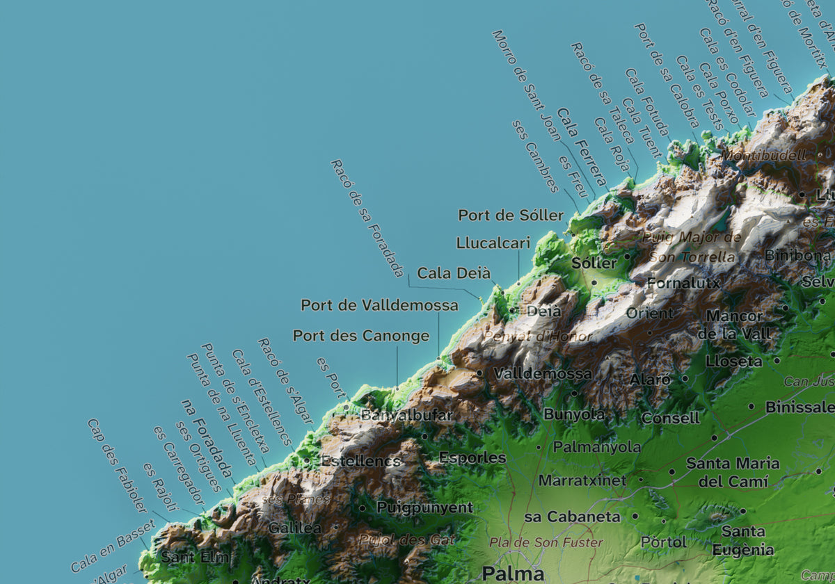 Edición octubre 2026 · Mapa topográfico de Mallorca, Clásico, 21 × 30 cm: detalle de la costa noroeste.