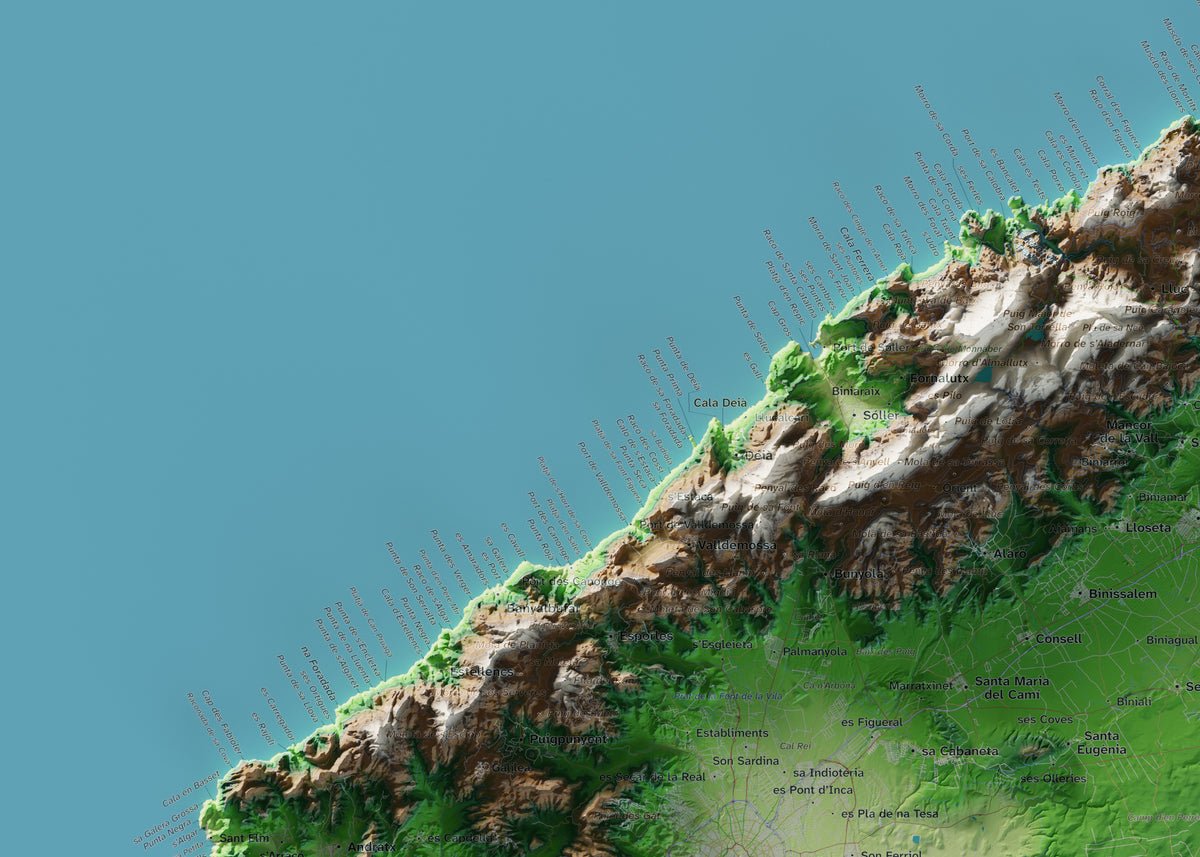 Edición octubre 2026 · Mapa topográfico de Mallorca, Clásico, 50 × 70 cm: detalle de la costa noroeste.