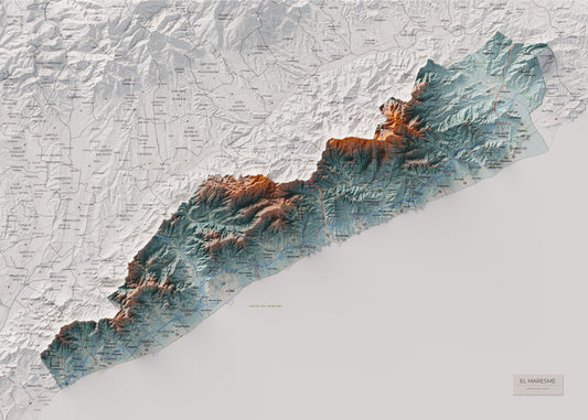 Mapa de relieve del Maresme, con el territorio en color y el entorno en blanco. Vista completa de la lámina. 50 × 70 cm. Estilo Contrastado.