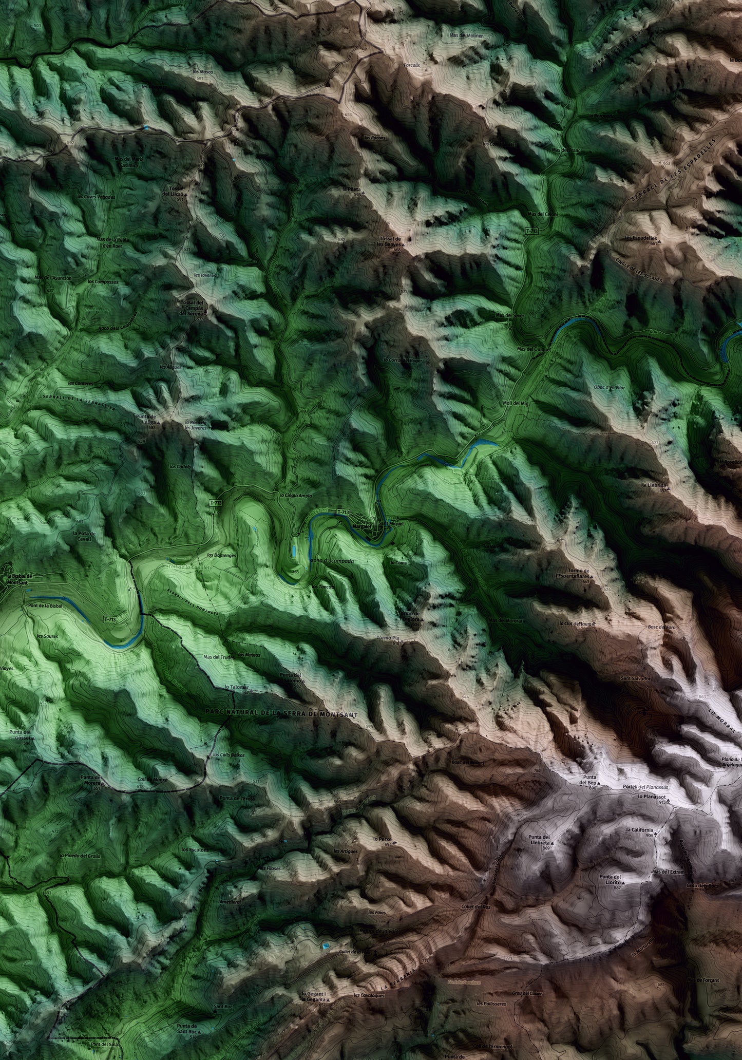 Mapa artístico del relieve de Margalef, al Priorat, con 15 km de entorno y base topográfica ICGC. Detalle de la zona central.