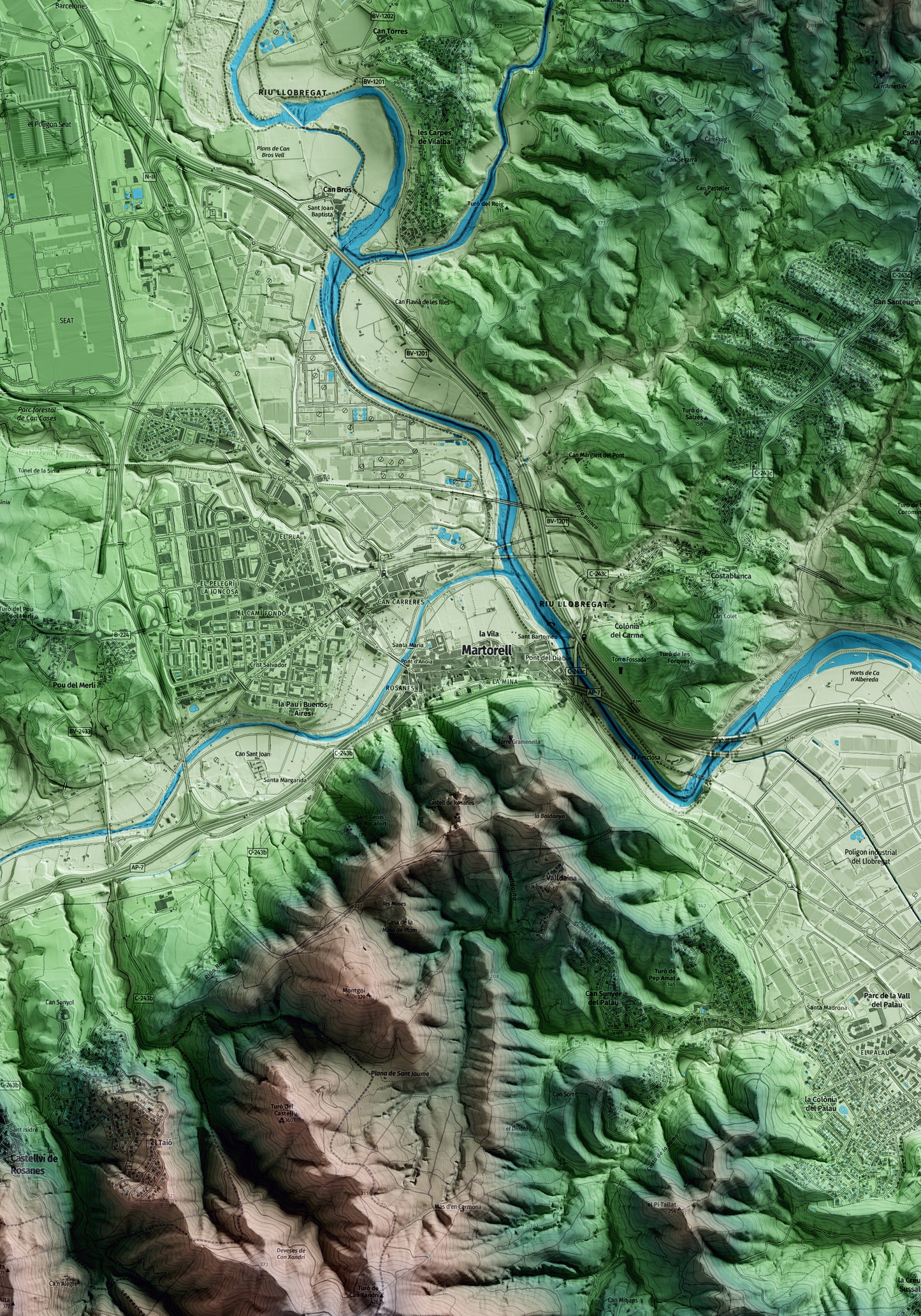 Mapa artístico del relieve de Martorell, al Baix Llobregat, con 15 km de entorno y base topográfica ICGC. Detalle de la zona central.