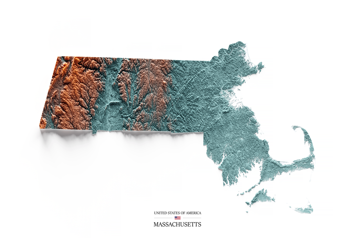 MASSACHUSETTS. Mapa de relieve con contraste.
