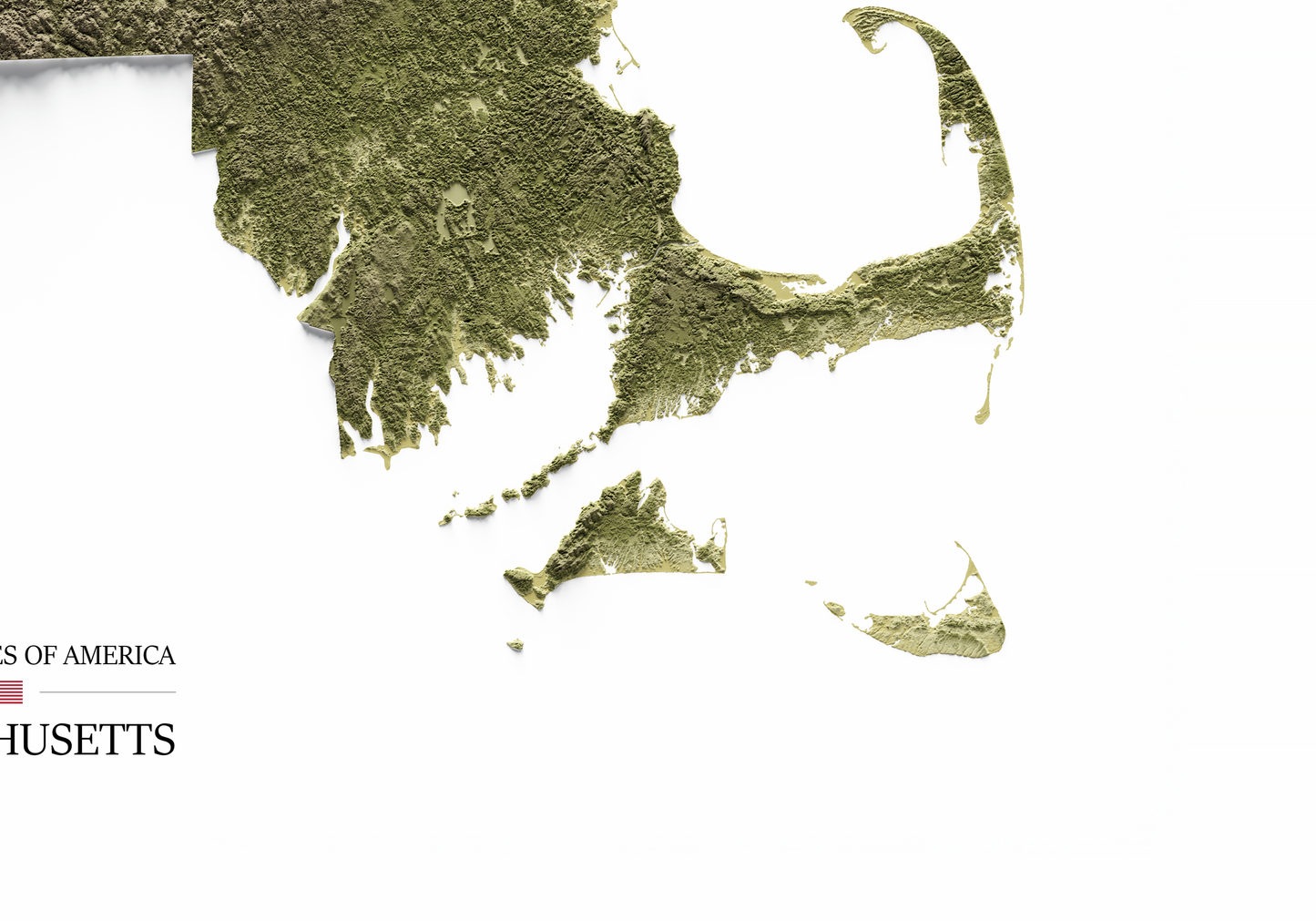 MASSACHUSETTS. Mapa de relieve en colores terrosos.