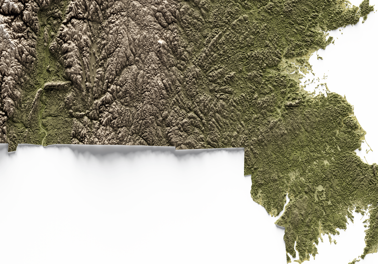 MASSACHUSETTS. Mapa de relieve en colores terrosos.