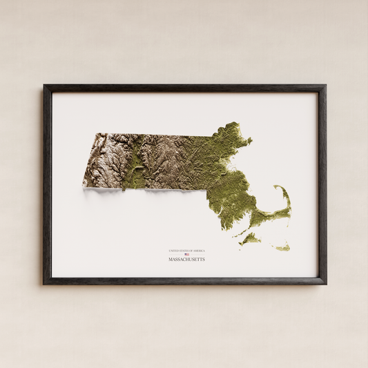 MASSACHUSETTS. Mapa de relieve en colores terrosos.