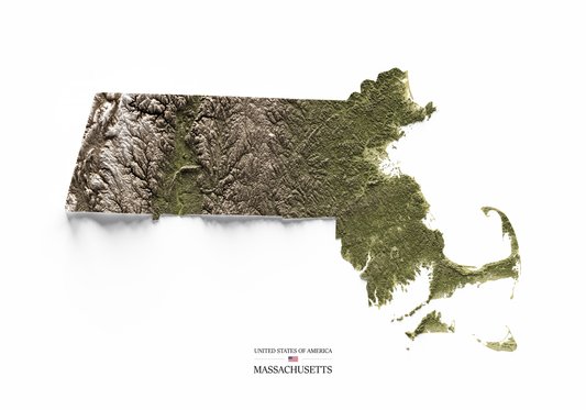 MASSACHUSETTS. Mapa de relieve en colores terrosos.
