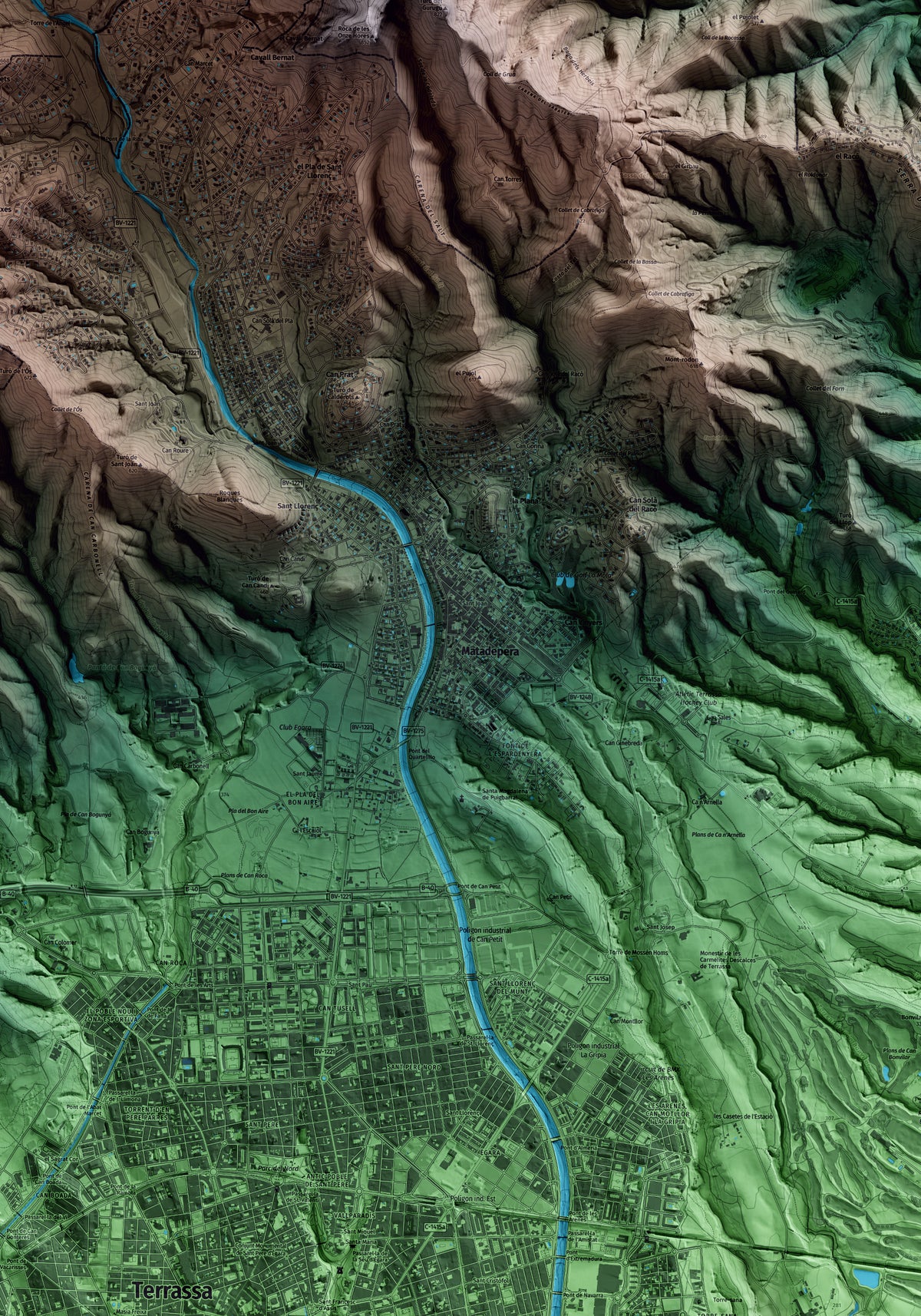 Mapa artístico del relieve de Matadepera, al Vallès Occidental, con 15 km de entorno y base topográfica ICGC. Detalle de la zona central.