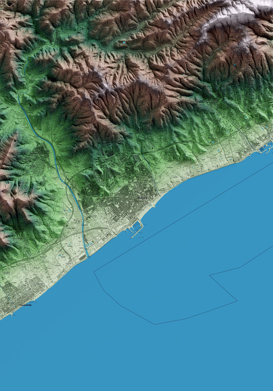 Mapa artístico del relieve de Mataró, al Maresme, con 15 km de entorno y base topográfica ICGC