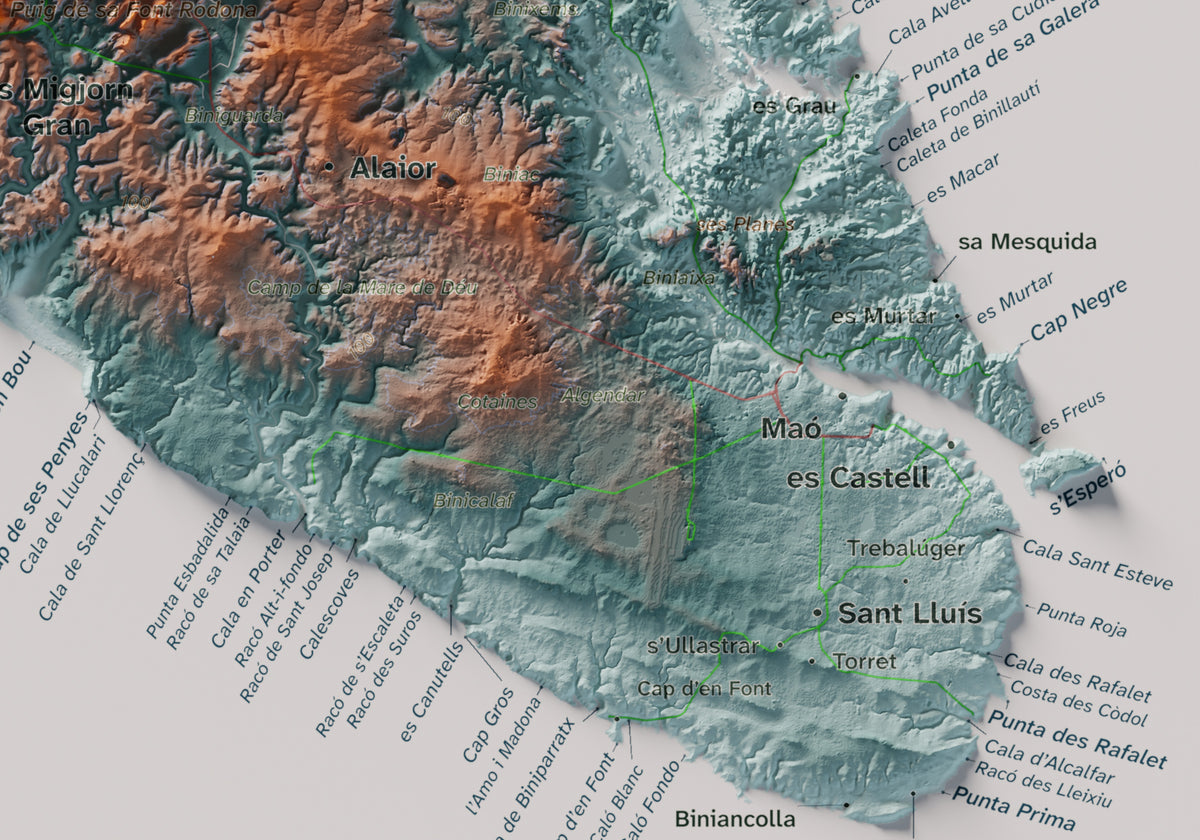 Edición octubre 2026 · Mapa topográfico de Menorca, Contrastado, 21 × 30 cm: detalle de la costa sureste.