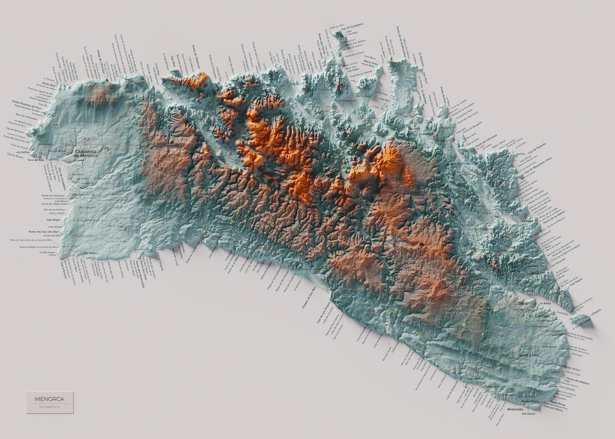 Edición octubre 2026 · Mapa topográfico de Menorca, Contrastado, 50 × 70 cm: mapa completo.