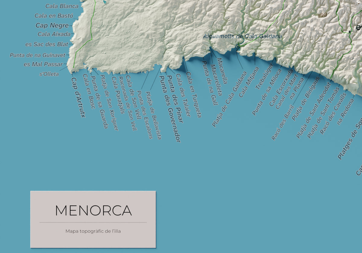 Edición octubre 2026 · Mapa topográfico de Menorca, Cartográfico, 21 × 30 cm: detalle de la costa suroeste.