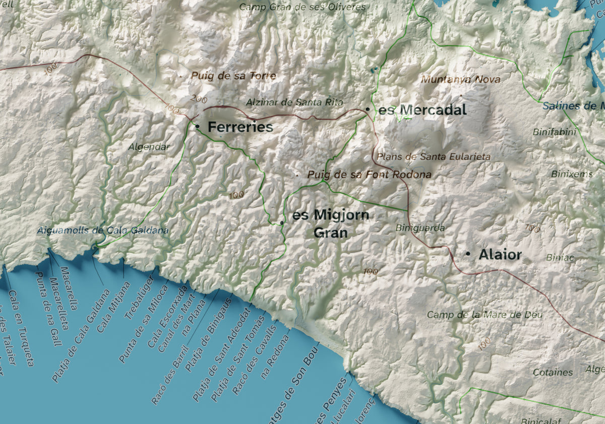 Edición octubre 2026 · Mapa topográfico de Menorca, Cartográfico, 21 × 30 cm: detalle central.