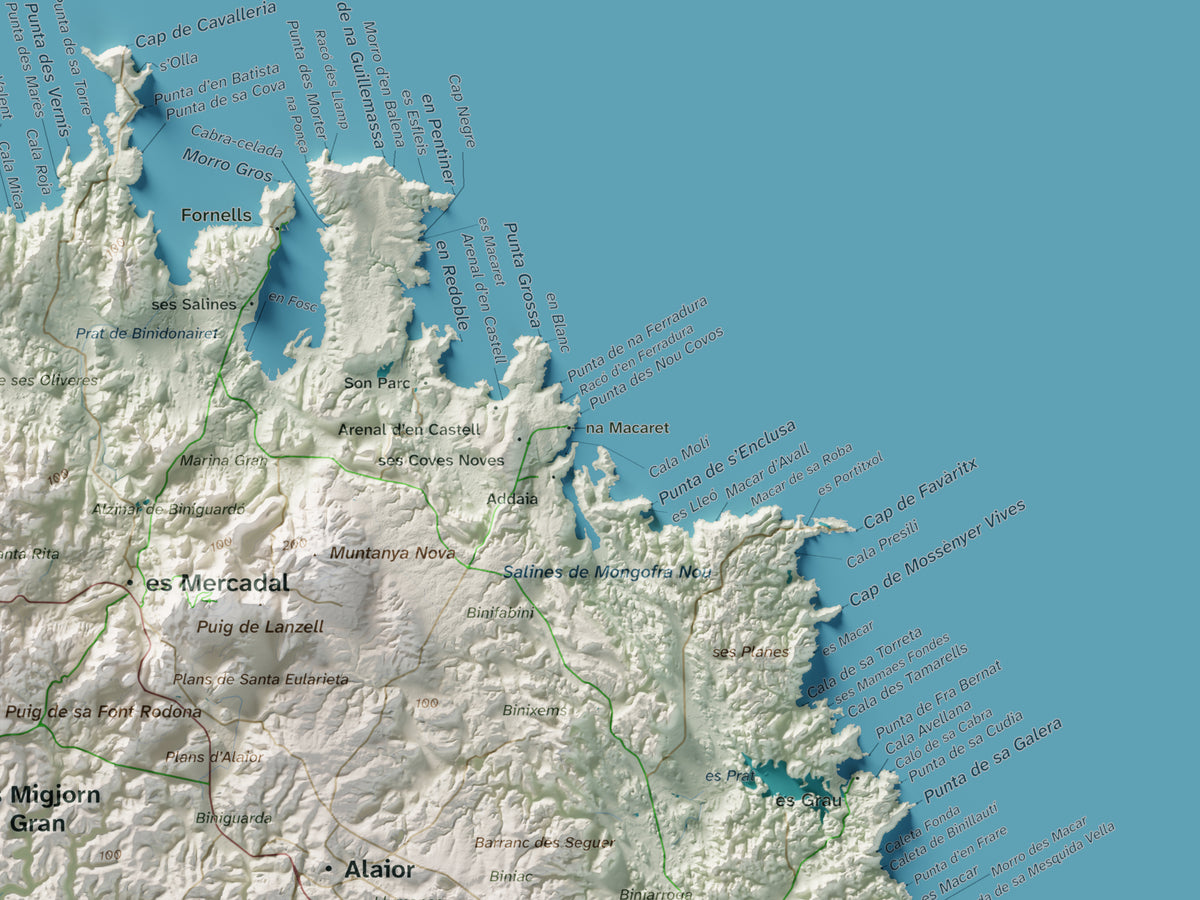 Edición octubre 2026 · Mapa topográfico de Menorca, Cartográfico, 30 × 40 cm: detalle de la costa noreste.