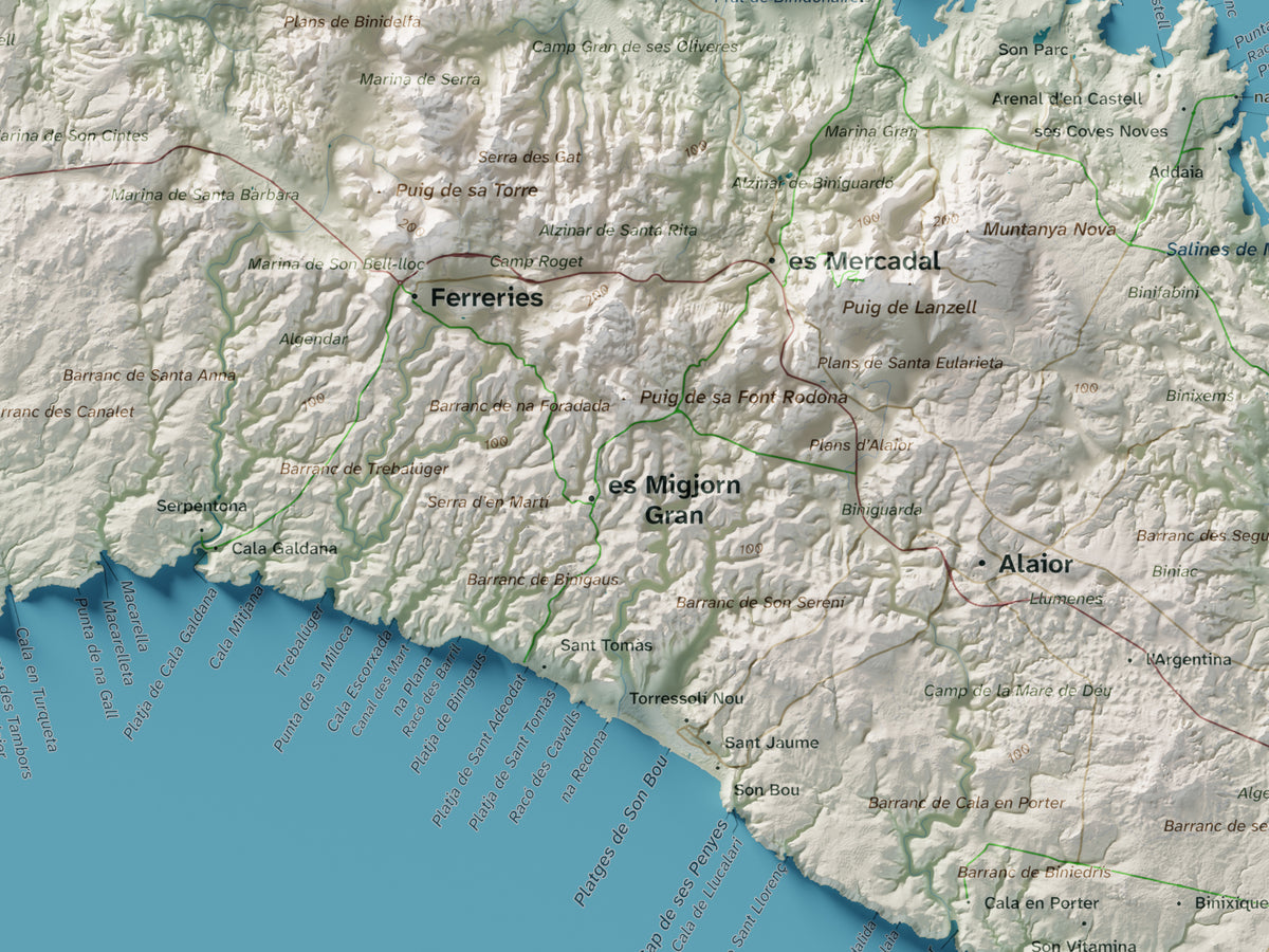 Edición octubre 2026 · Mapa topográfico de Menorca, Cartográfico, 30 × 40 cm: detalle central.