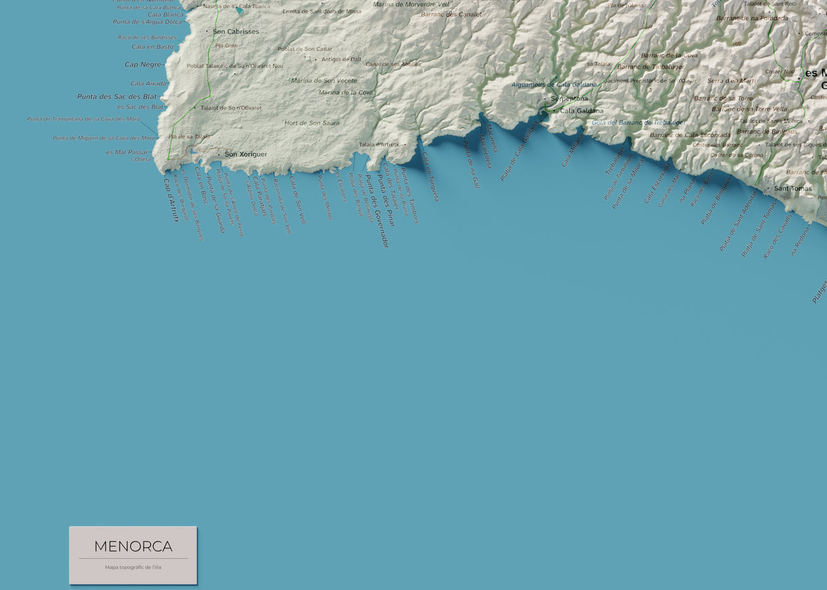 Edición octubre 2026 · Mapa topográfico de Menorca, Cartográfico, 50 × 70 cm: detalle de la costa suroeste.