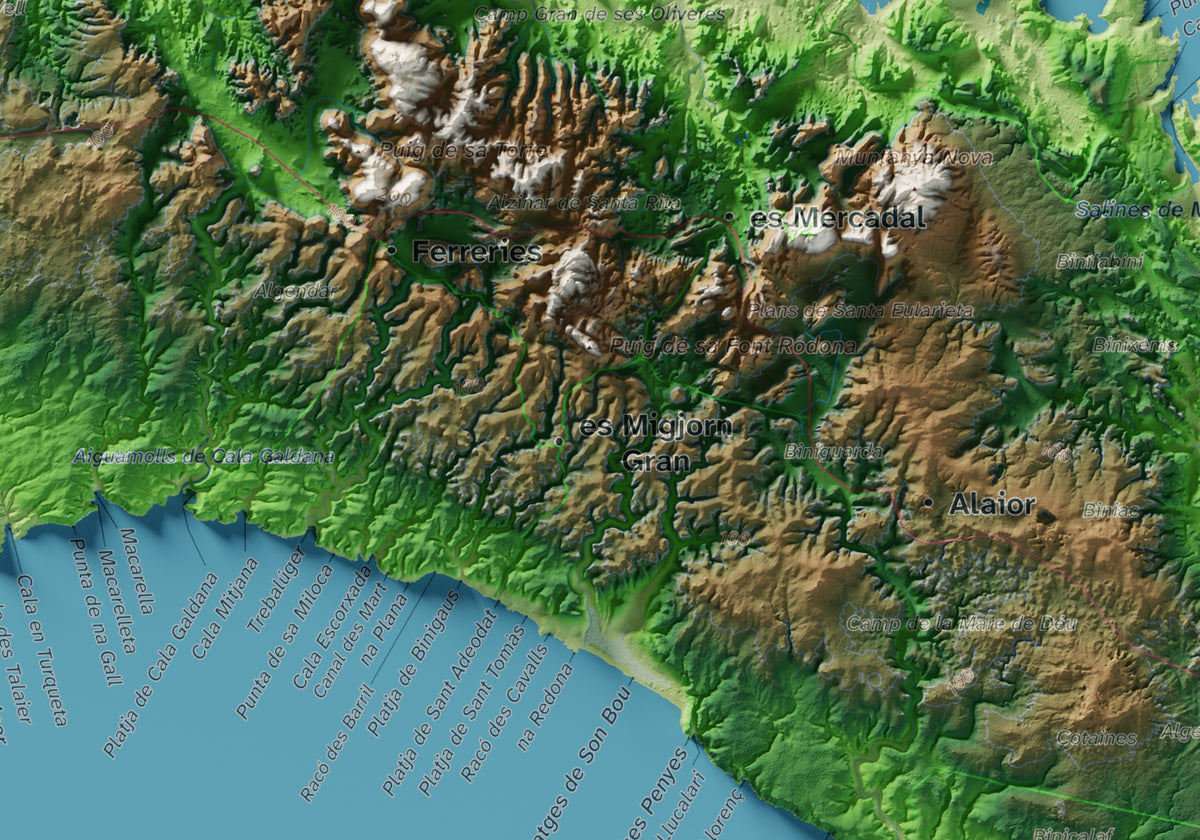 Edición octubre 2026 · Mapa topográfico de Menorca, Clásico, 21 × 30 cm: detalle central.
