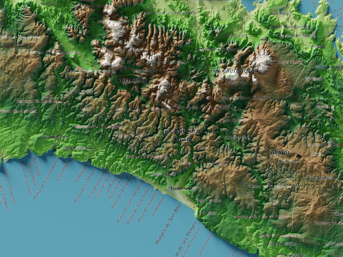 Edición octubre 2026 · Mapa topográfico de Menorca, Clásico, 30 × 40 cm: detalle central.
